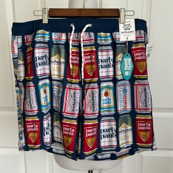 NWT Party Pants Beer Can Red Shote Blue Drawstring Swim Trunks Mens XXL - Picture 3 of 16
